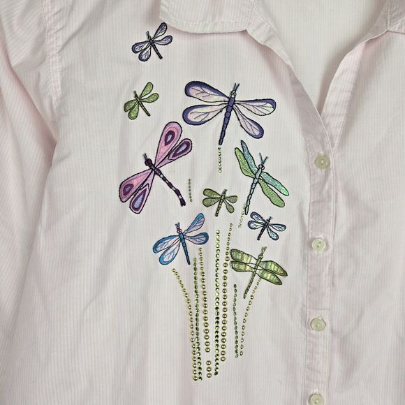 Vtg Tia Blouse XL Pink Striped Iridescent Dragonfly Embroidered Rhinestone - Picture 4 of 6